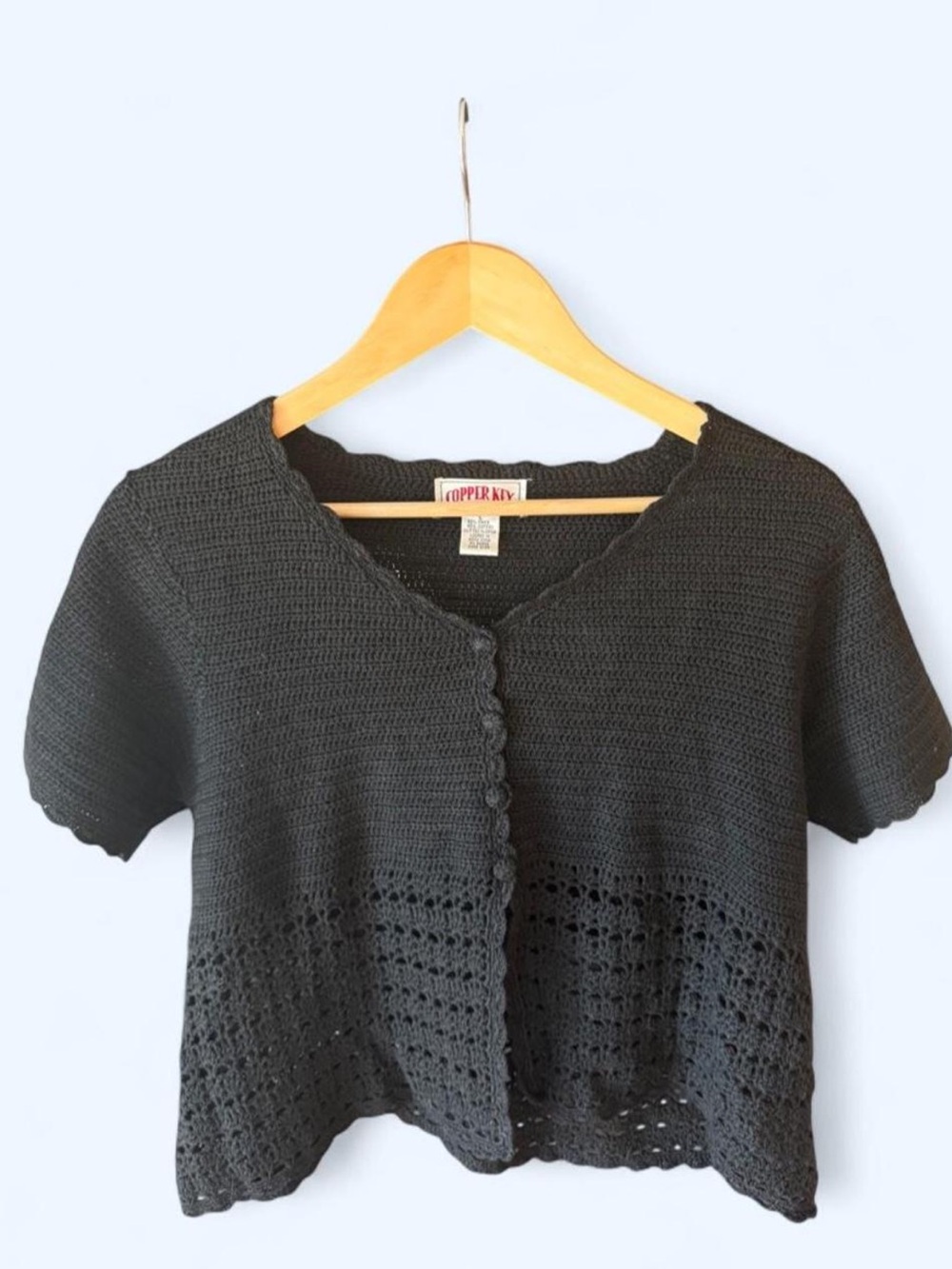Vintage Y2K Copper Key Black Crochet Knit Short Sleeve Cardigan